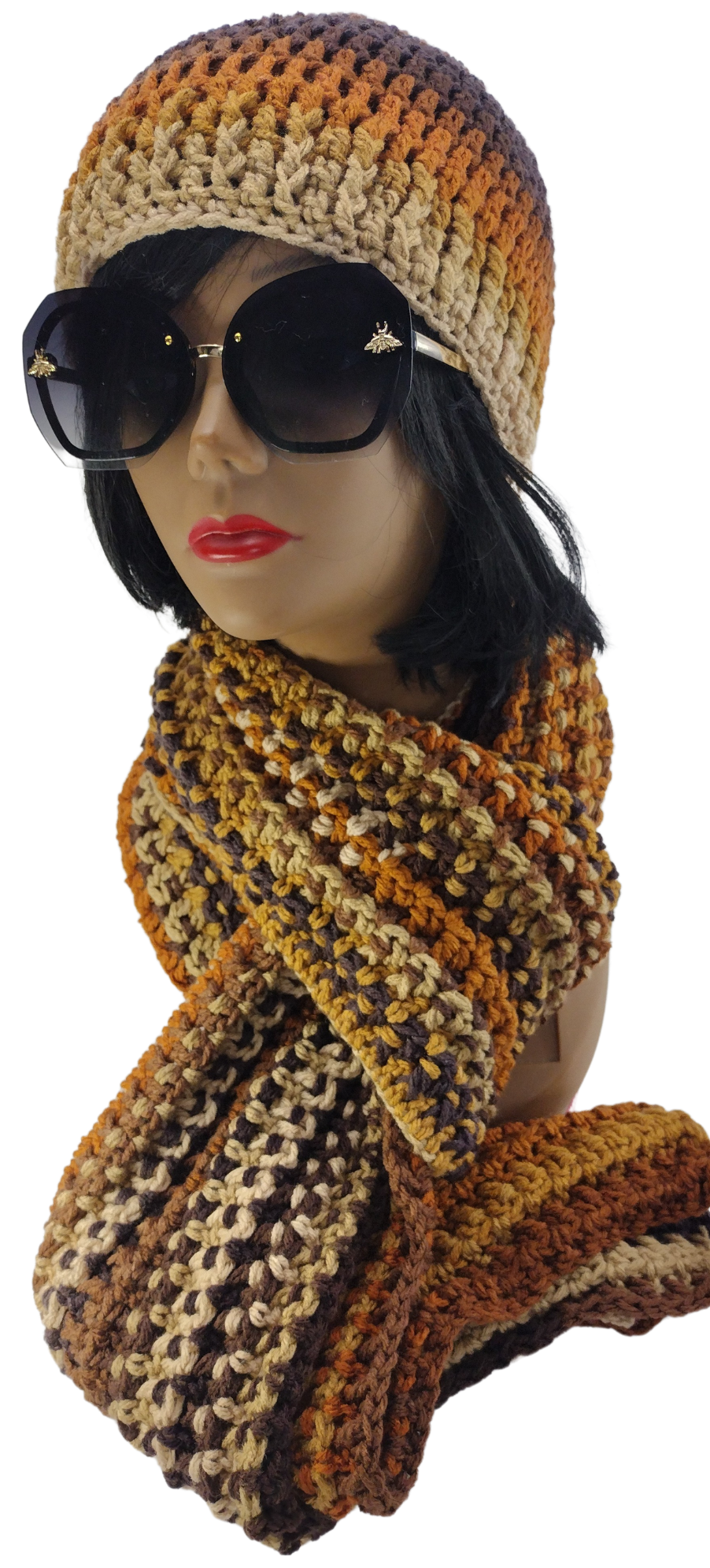 Blk Lotus Co Earth-Tone Crochet Beanie and Long Scarf Set Premium Acrylic Yarn Multi - Brown Tones Unisex Set